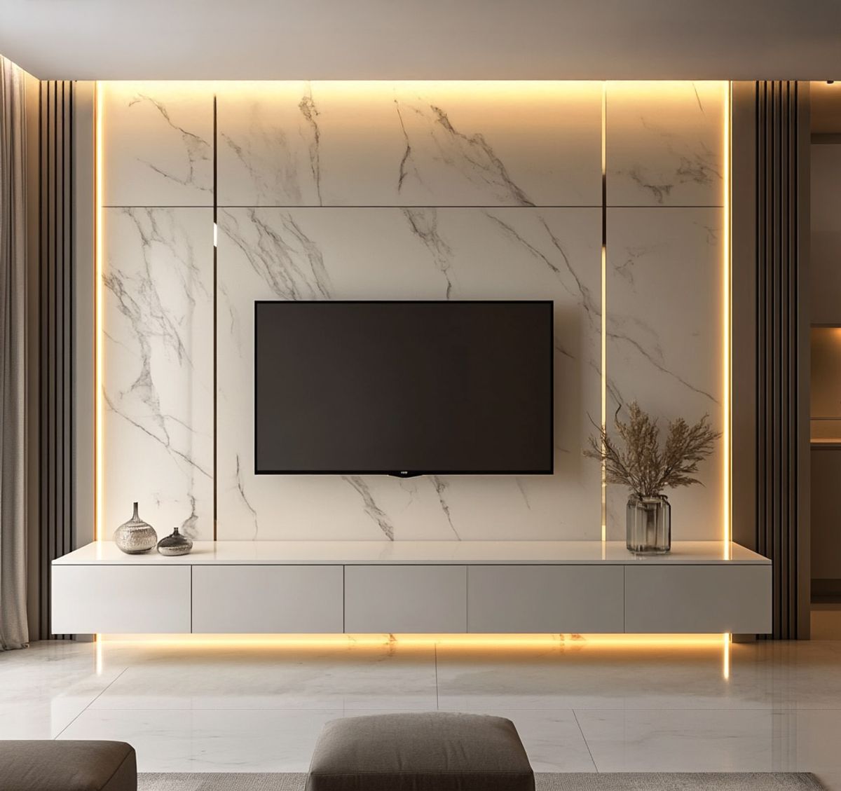 Modern Suede-Finished Off-White TV Unit Design With Marble Backdrop ...