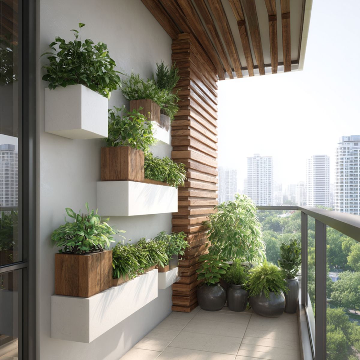 Contemporary Balcony Design Featuring Layered Plant Display and Ceramic ...