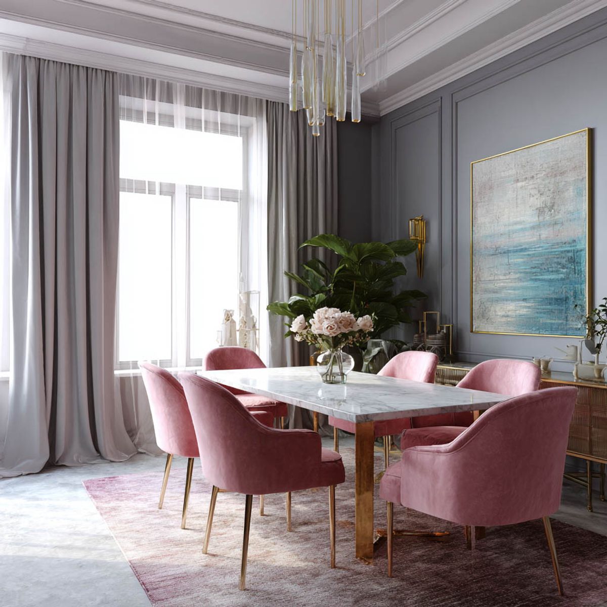Modern Dining Room Design with Marble Table and Rounded Chairs | Livspace