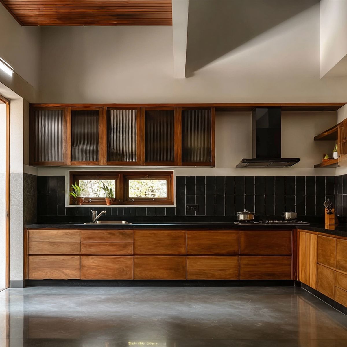 Walnut Bronze Rustic L-Shaped Kitchen Design Featuring Wooden Cabinets ...