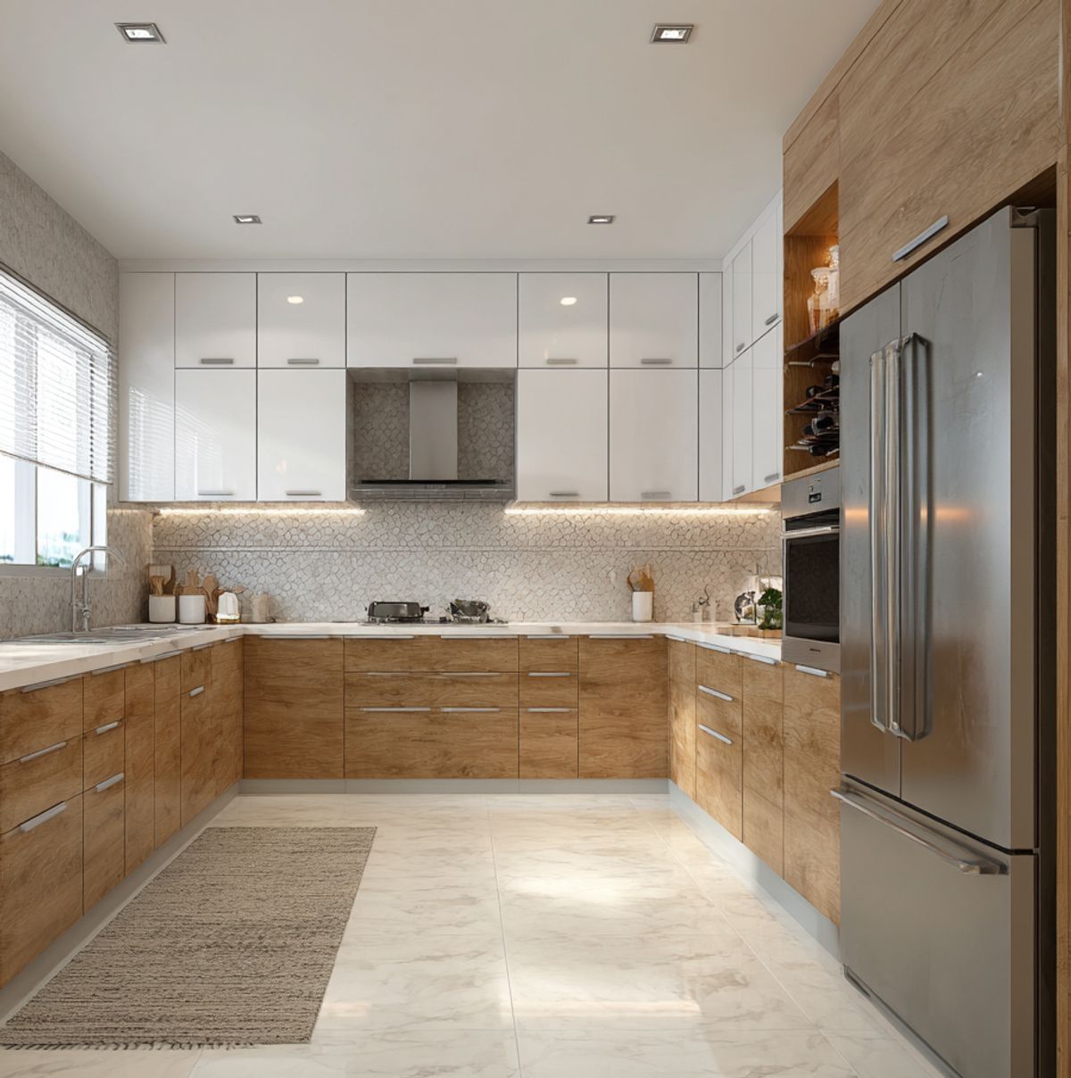 Modern U-Shaped Kitchen Design Featuring Under-Cabinet Lighting and ...