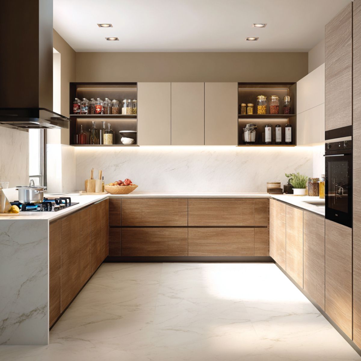 Contemporary U Shaped Kitchen Design with Marble Countertops and ...