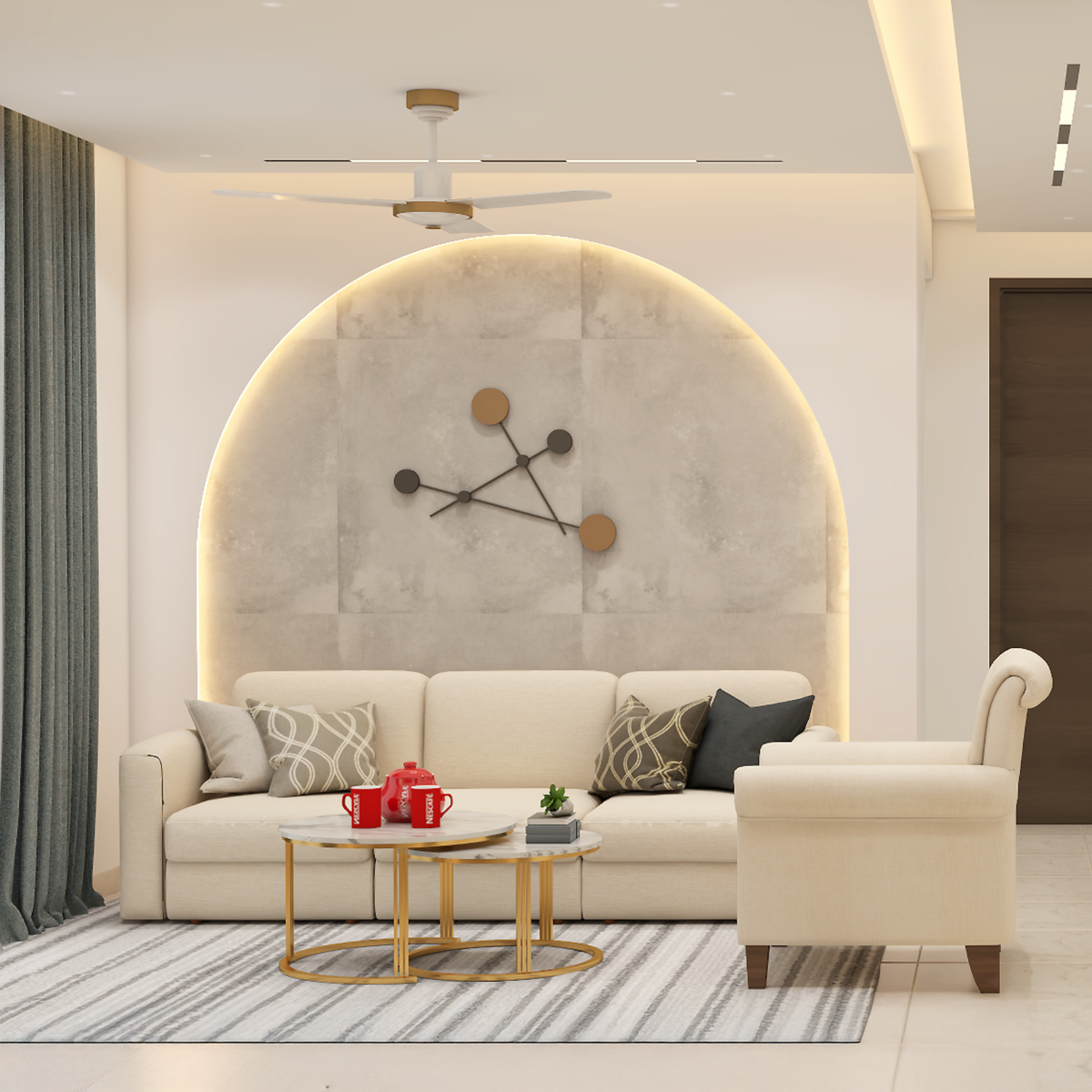Contemporary Living Room Design With Marble Coffee Table and Beige ...