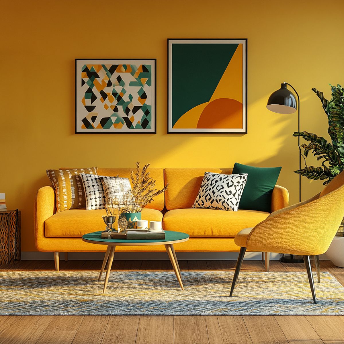 Yellow Modern Living Room Design with Round Coffee Table, 3-Seater Sofa ...