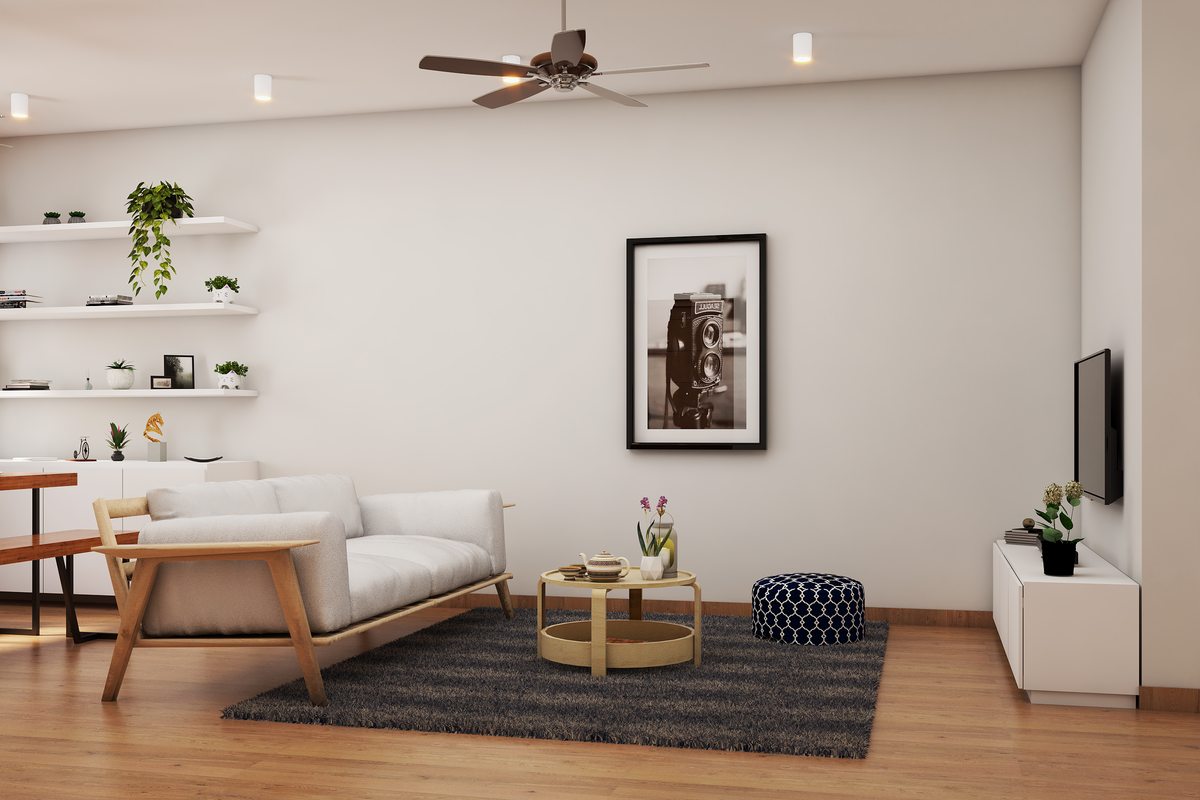 Image showcasing Minimalist White And Wood Living Room Design With White TV Console And ...