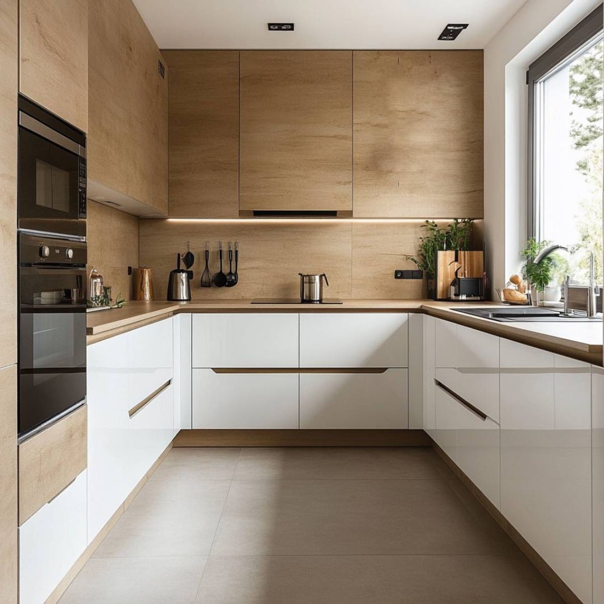 Contemporary U-Shaped Kitchen Design with Suede Finish and Resin ...