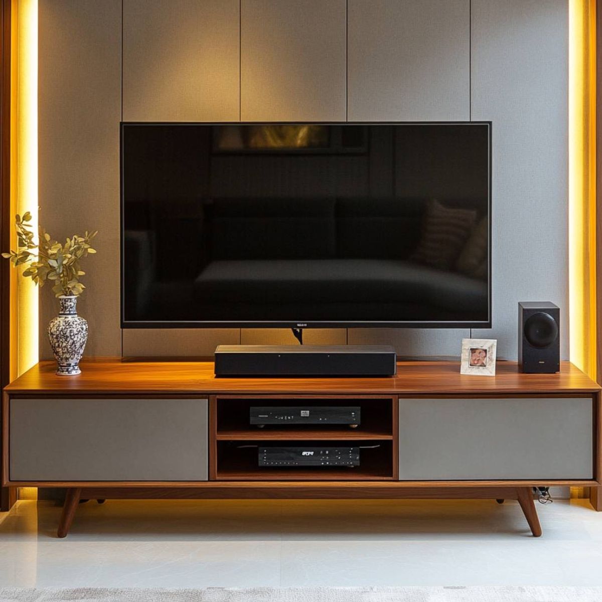 Brown and Grey Modern TV Unit Design with Storage and LED Lights | Livspace
