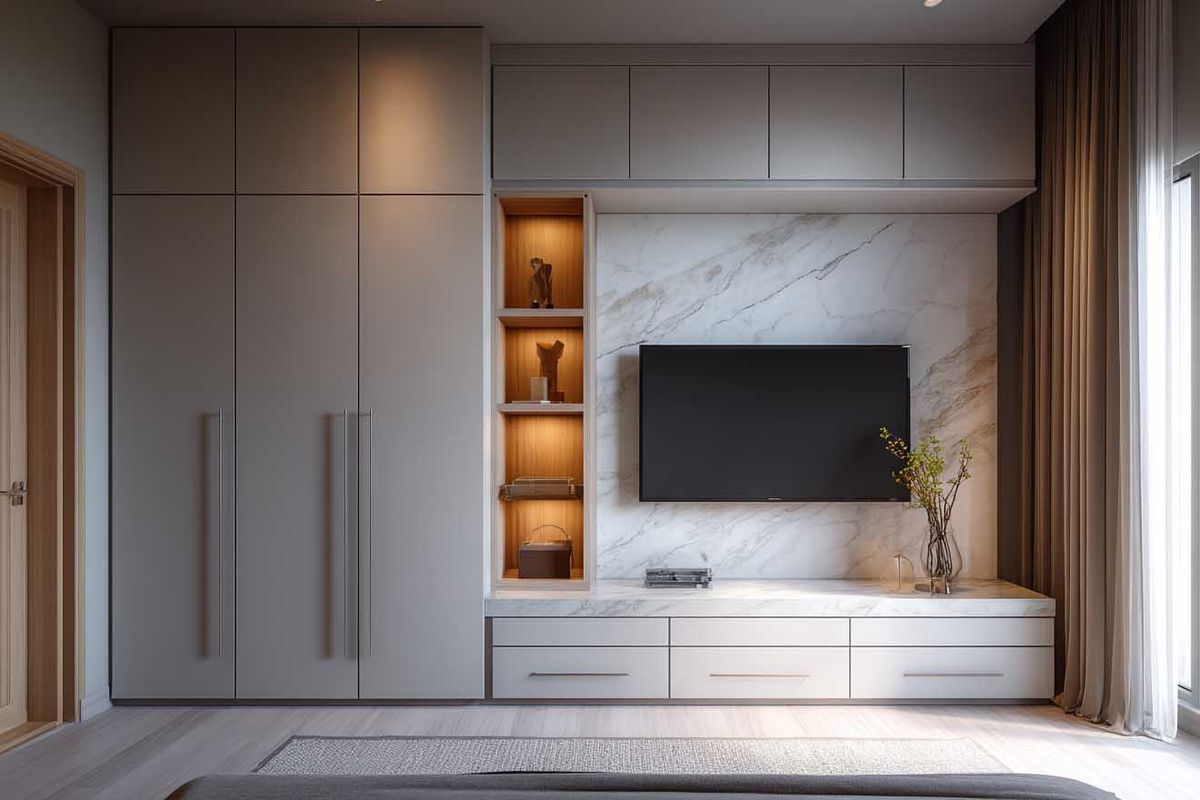 Contemporary TV Unit Design with Vertical Cabinets and Marble Paneling ...