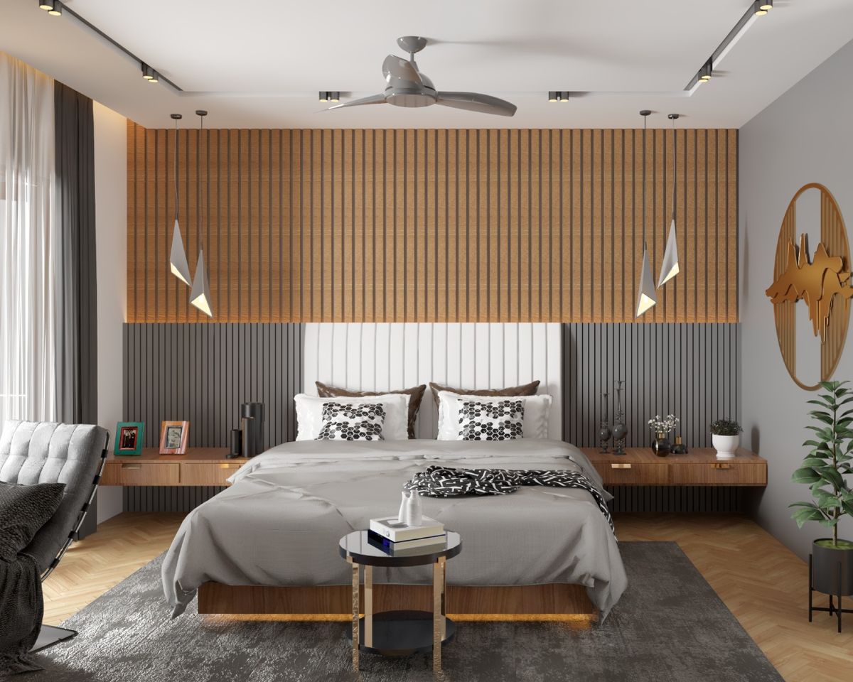 Grey And Brown Bedrooms Wall Design With Cove Light | Livspace