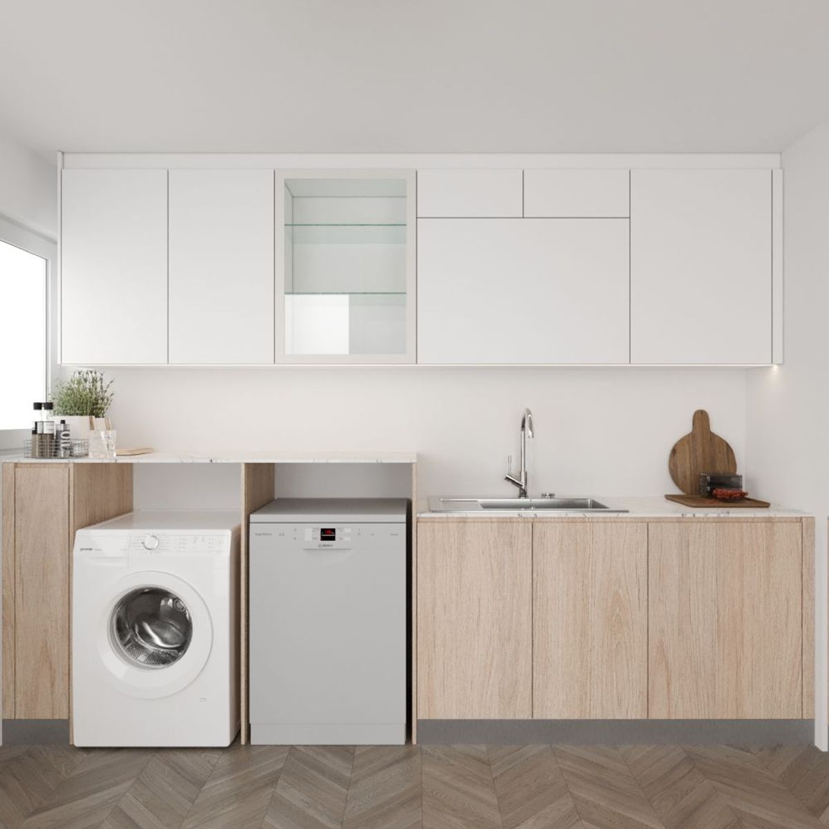 Compact White And Wood Scandinavian Kitchen Design With Parallel Layout ...