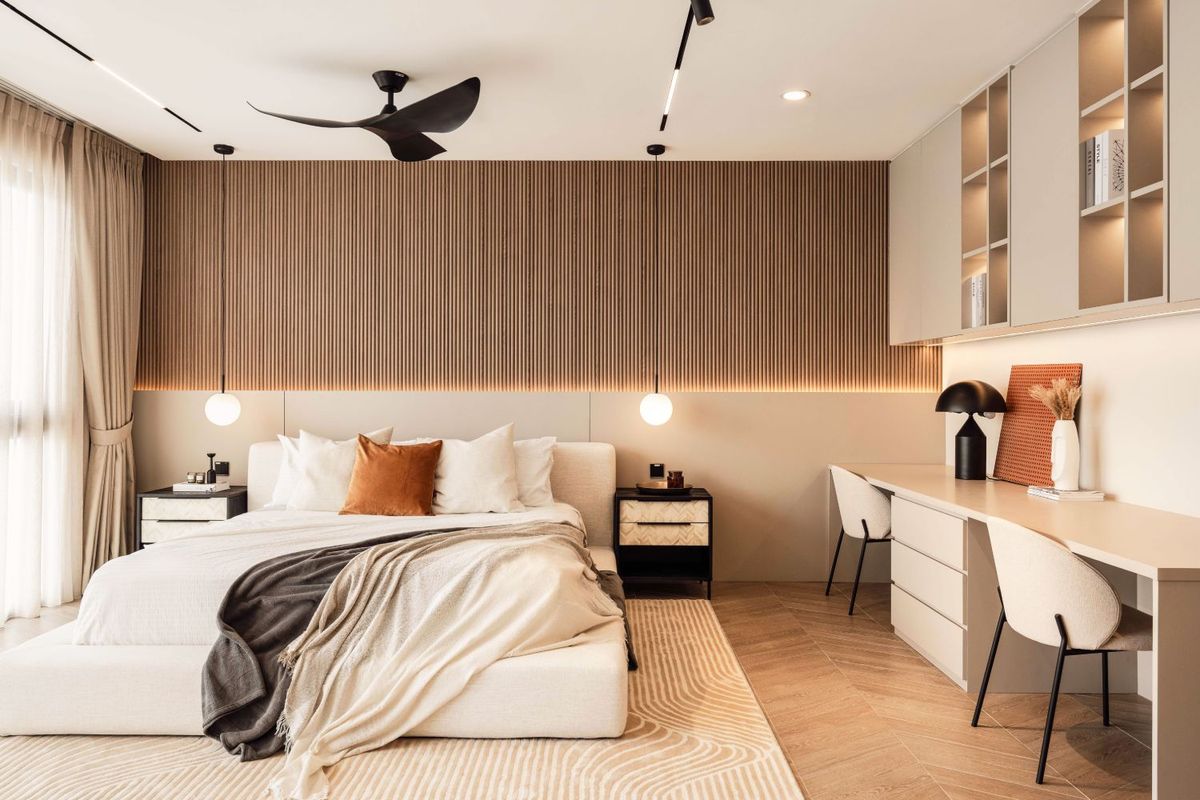 Modern Luxury: Master Bedroom Design With Queen Bed, Beige Wall Panels ...