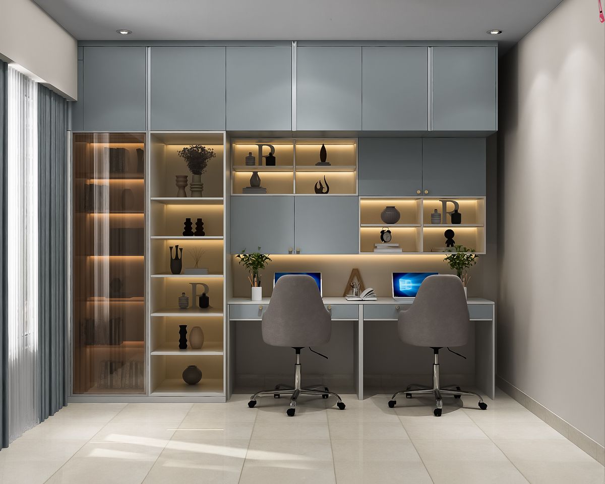 Home Office Design with Contemporary Table Unit, Open Storage and Cove ...