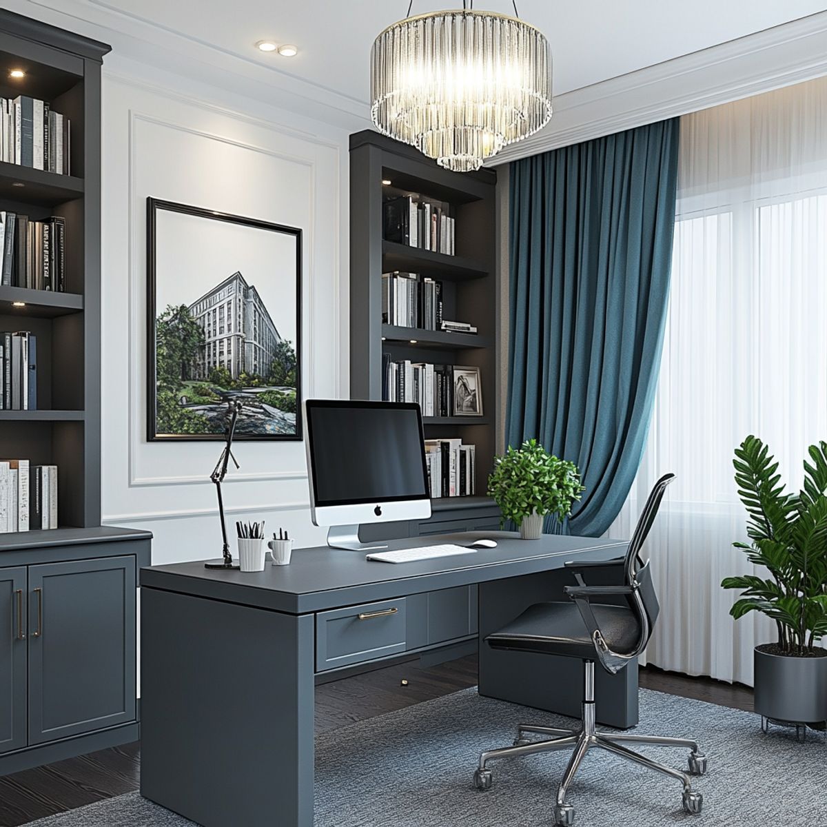 Home Office Design with Modern Wave Blue and Dark Wood Tones with Built ...
