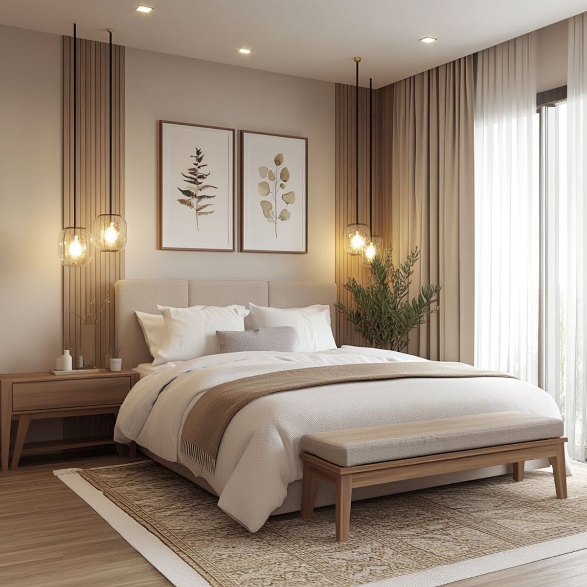 Cozy Scandinavian Master Bedroom Design with Wooden Paneling and Beige ...