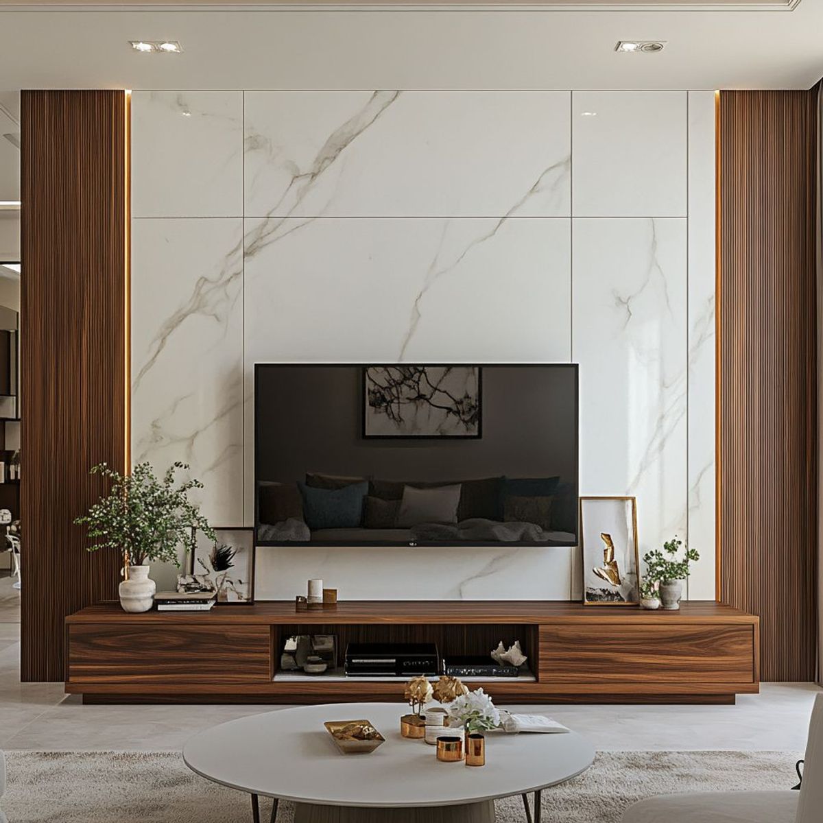 White and Wooden Contemporary Floor-Mounted TV Unit Design with Marble ...