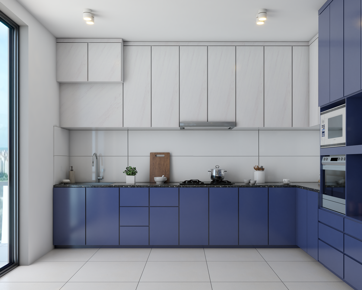 Blue and White L-Shaped Fully Functional Kitchen Design | Livspace