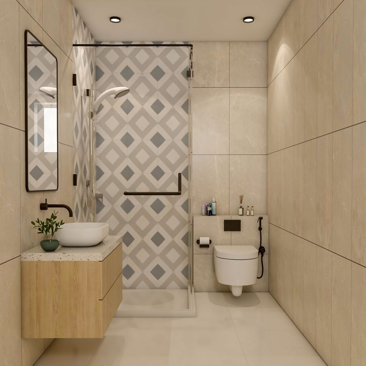 Ivory And Cream Contemporary Bathroom Design With Wooden Storage Unit