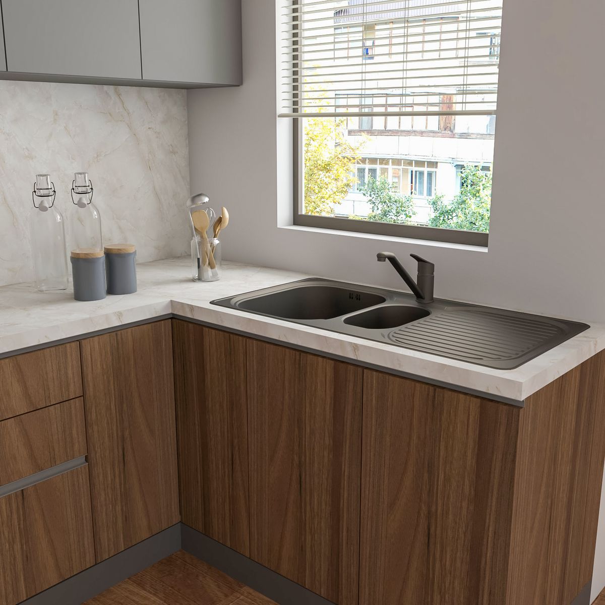 Durable Top-Mount Black Quartz Double Bowl Kitchen Sink Design with ...