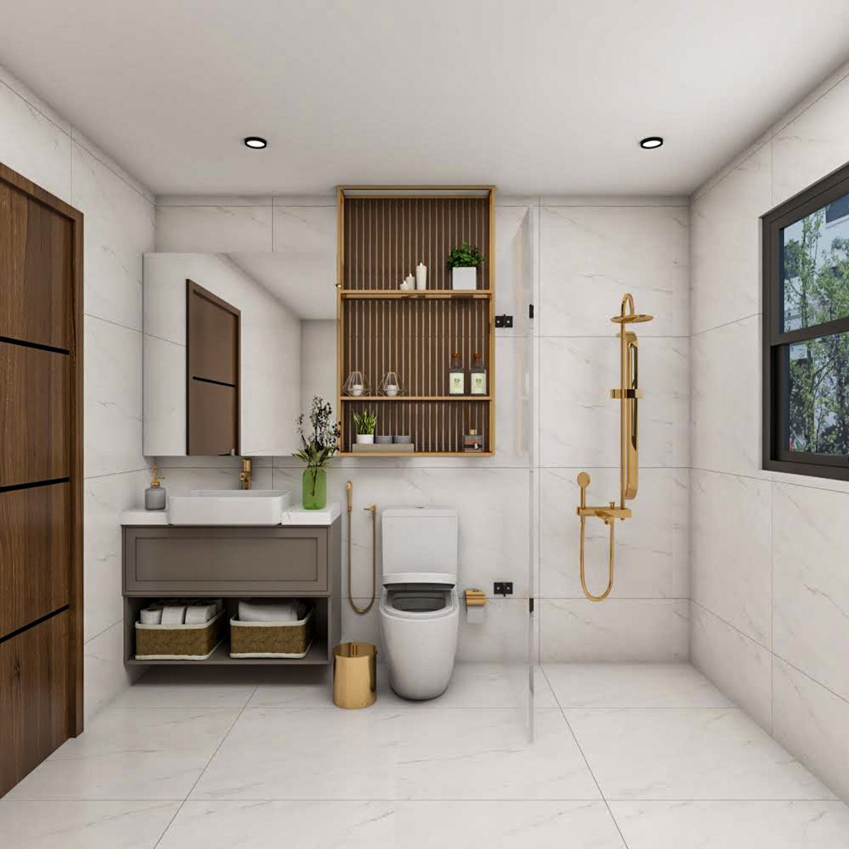 Contemporary White Tiled Bathroom Design with Open Shelving and ...