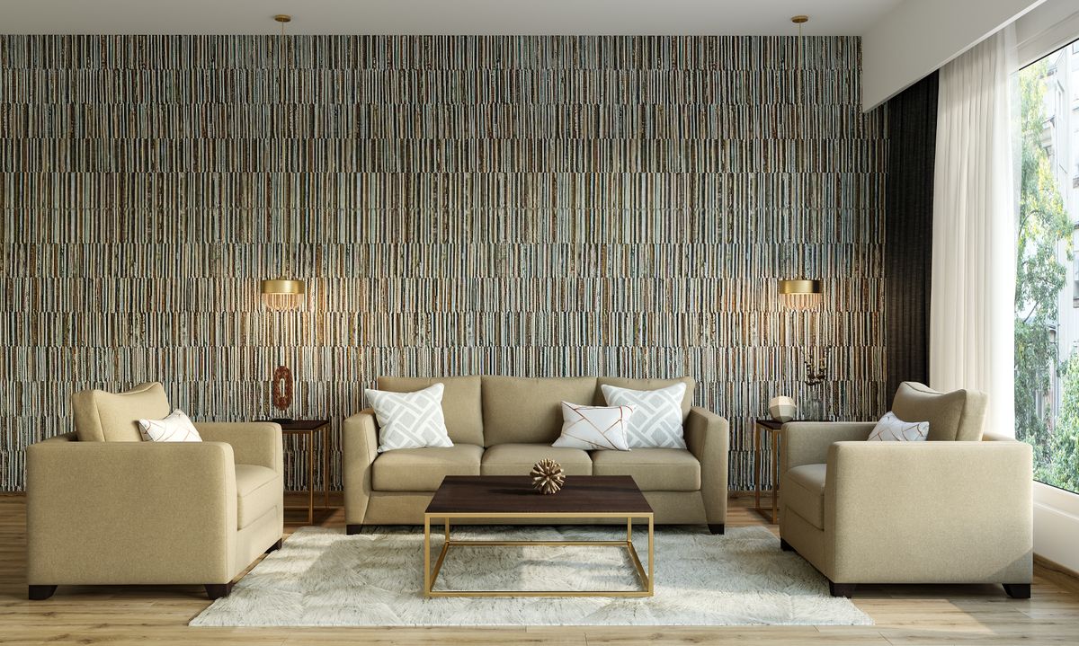 Vintage Luxury Living Room with Stone Textured Wallpaper | Livspace