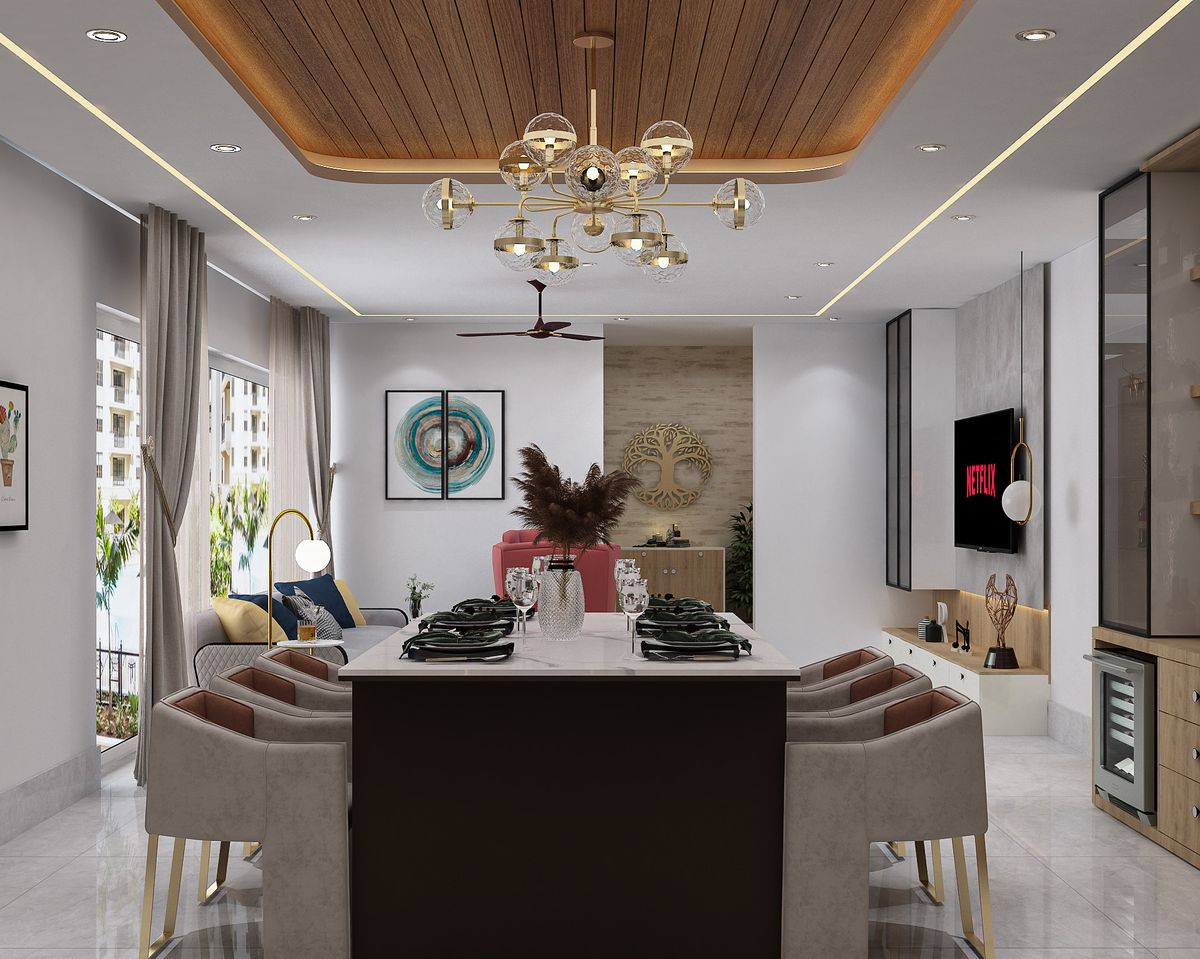 Contemporary Dining Room Design with Built-in Storage, Marble Table and ...