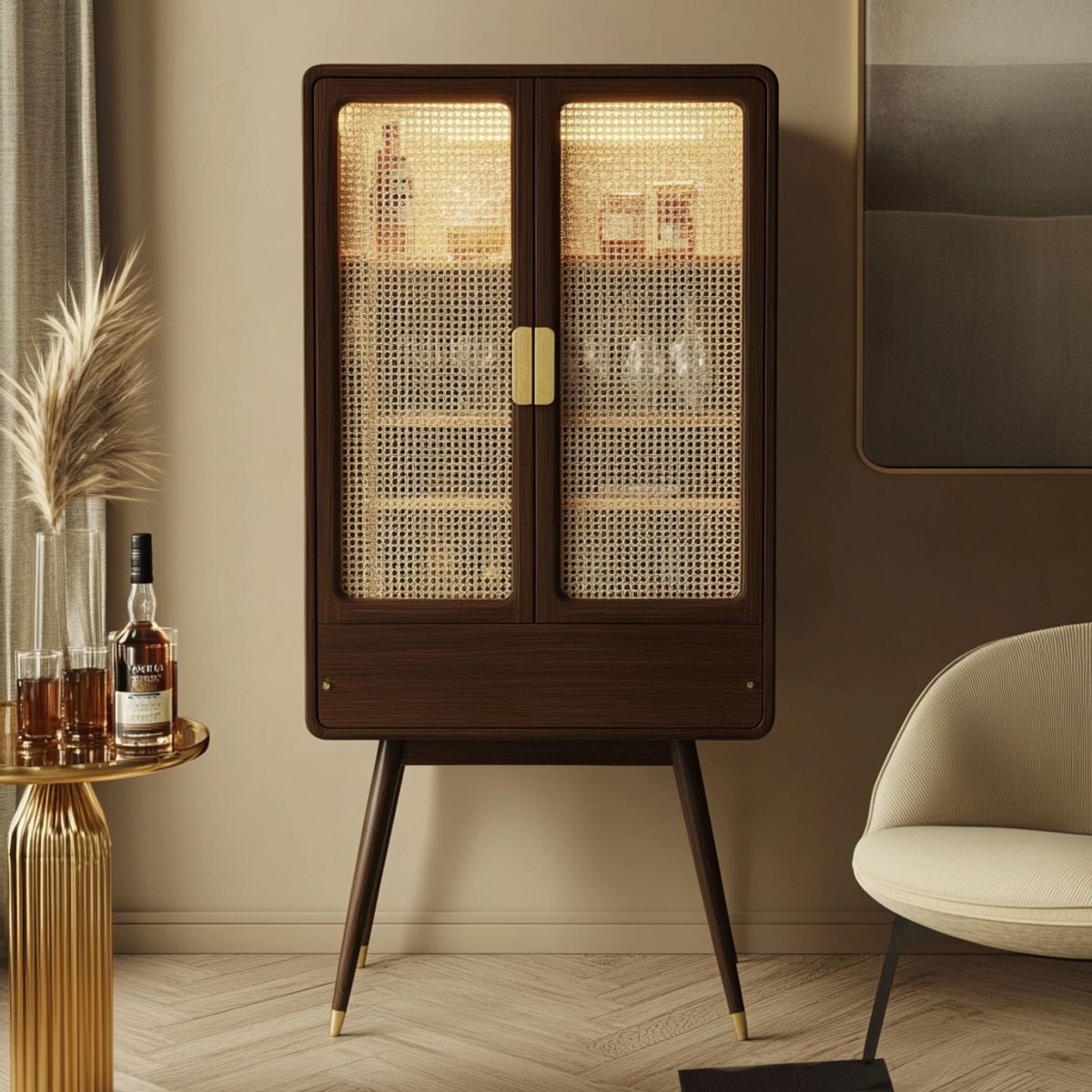 Mid-century Modern Home Bar Design with Warm Wood and Beige Accents ...