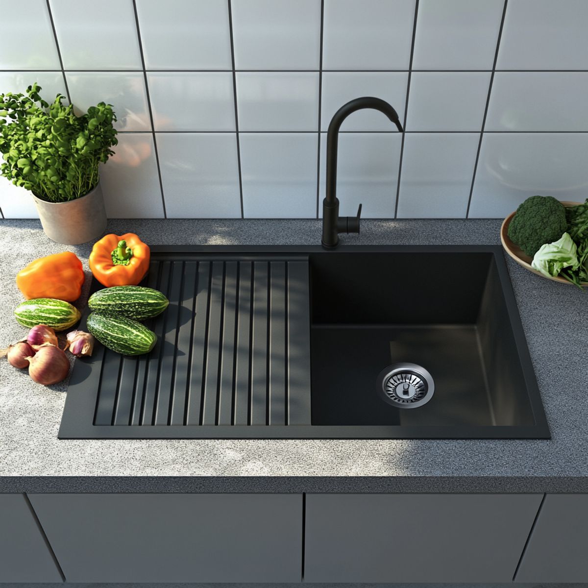 Granite Top-Mount Kitchen Sink Design with Single Bowl with Drainboard ...