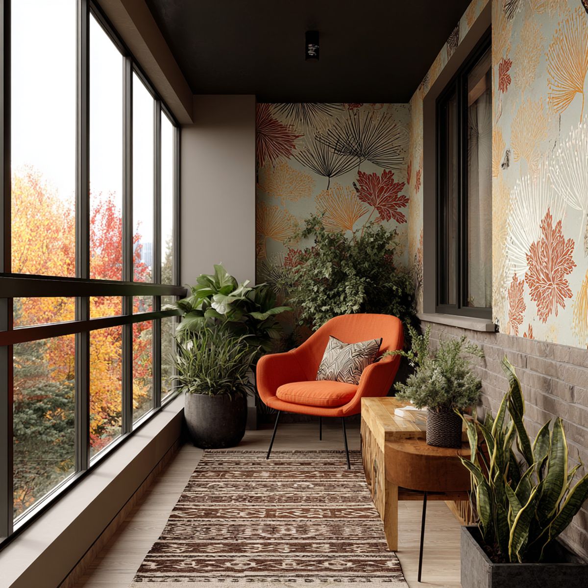Modern Balcony Design With Rustic Table, Floral Wallpaper and Orange ...