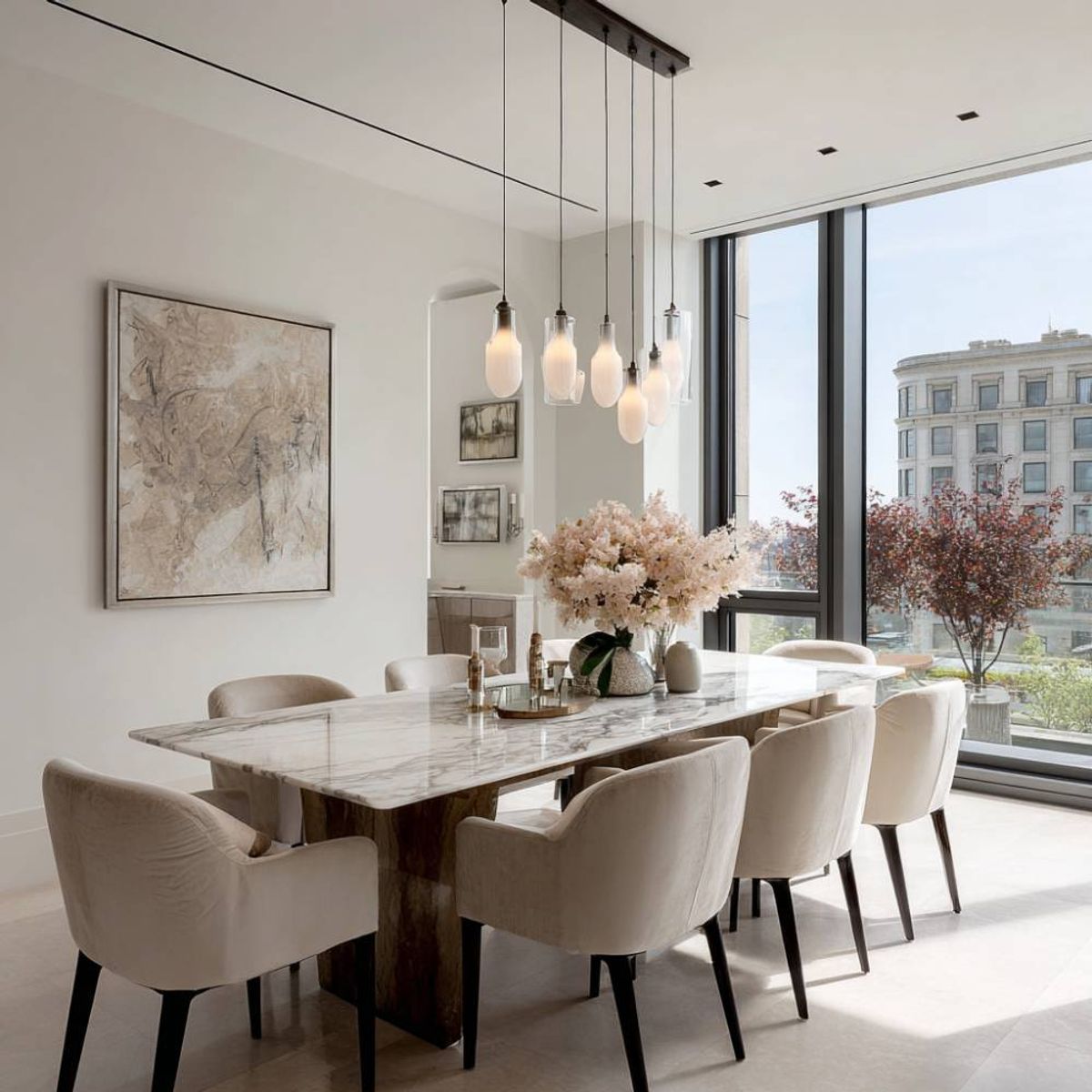 Dining Room Design Featuring Modern Concealed Storage, Beige Chairs and ...
