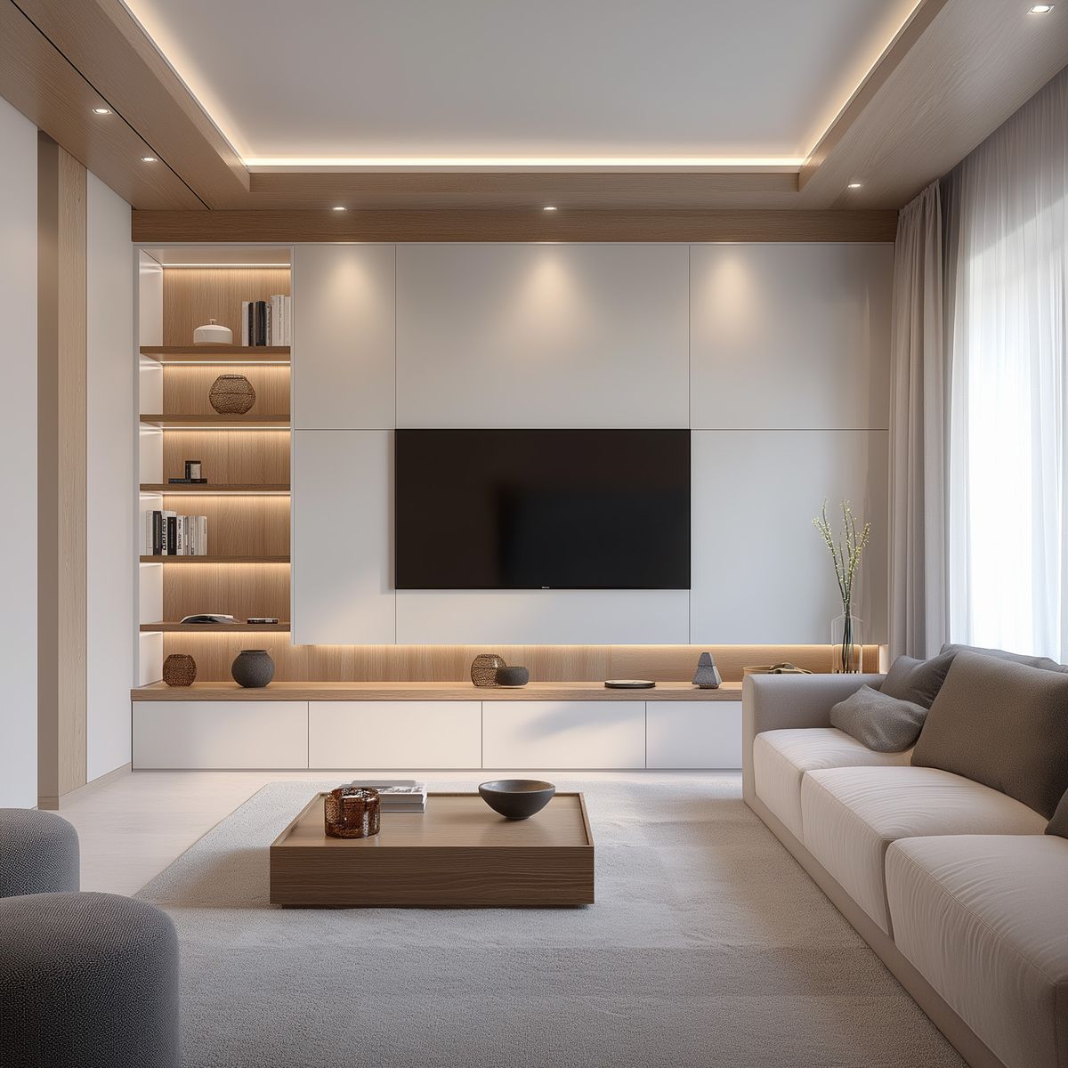 Modern White and Wood TV Unit Design with Open Display Shelves | Livspace