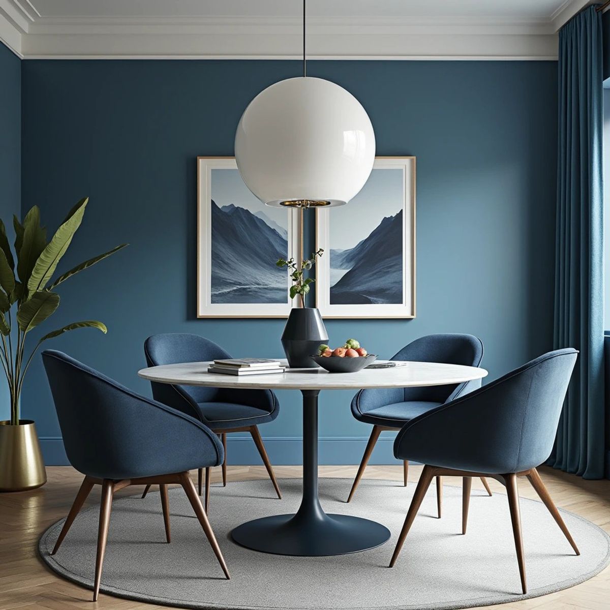 4-Seater Contemporary Dining Room Design with Marble Table and Blue ...