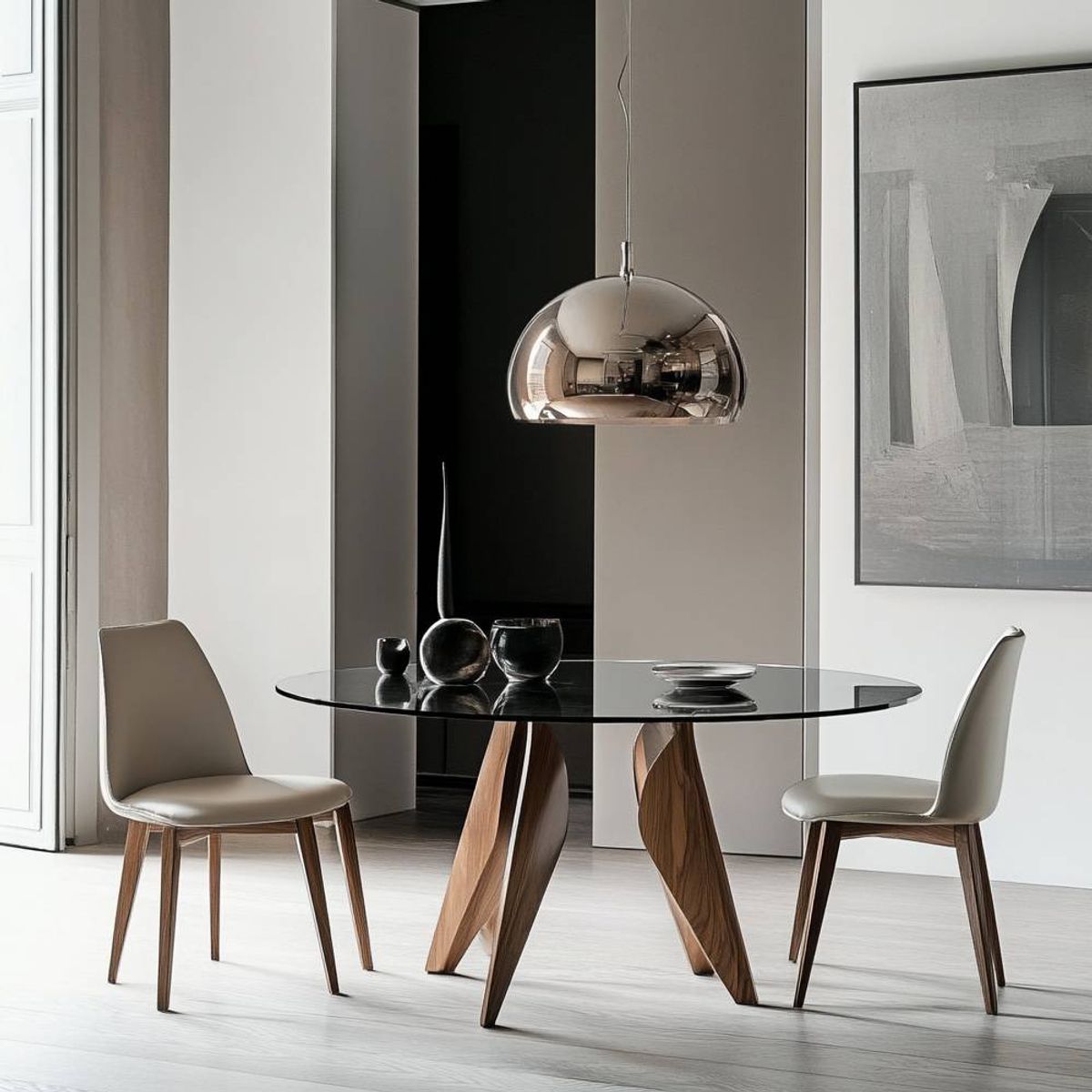 Dining Room Design with Modern Wooden Legs and Metallic Pendant Light ...