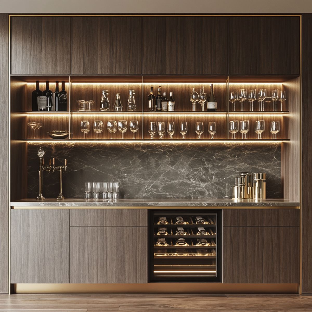 Home Bar Design with Contemporary Textured Veneer, LED Shelves, and ...