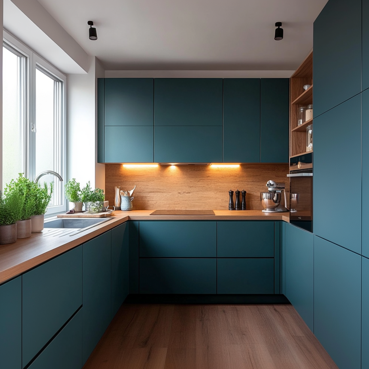 Picture of U-Shaped Kitchen Design: Quartz Countertops and Modern Matte Membrane ...