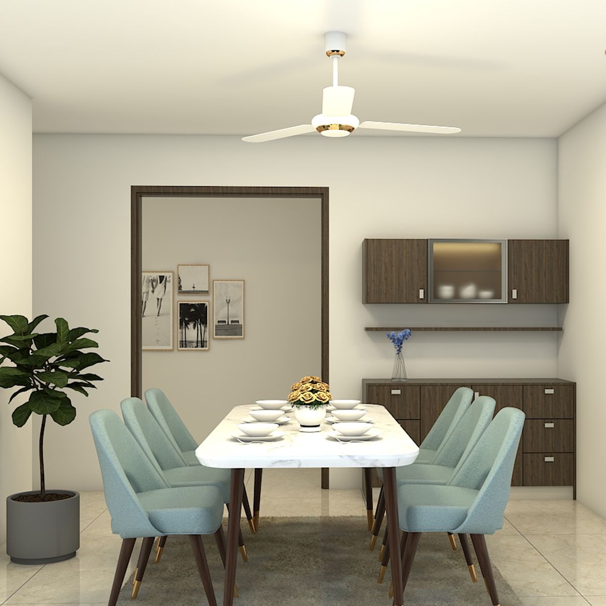 6-Seater Contemporary Dining Room Design with Marble Table and Aqua ...