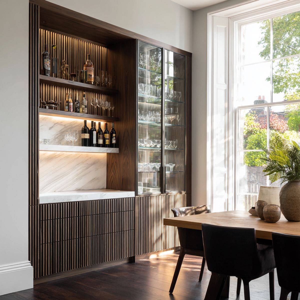 Contemporary Home Bar Design with Glass Cabinet and Open Shelving ...