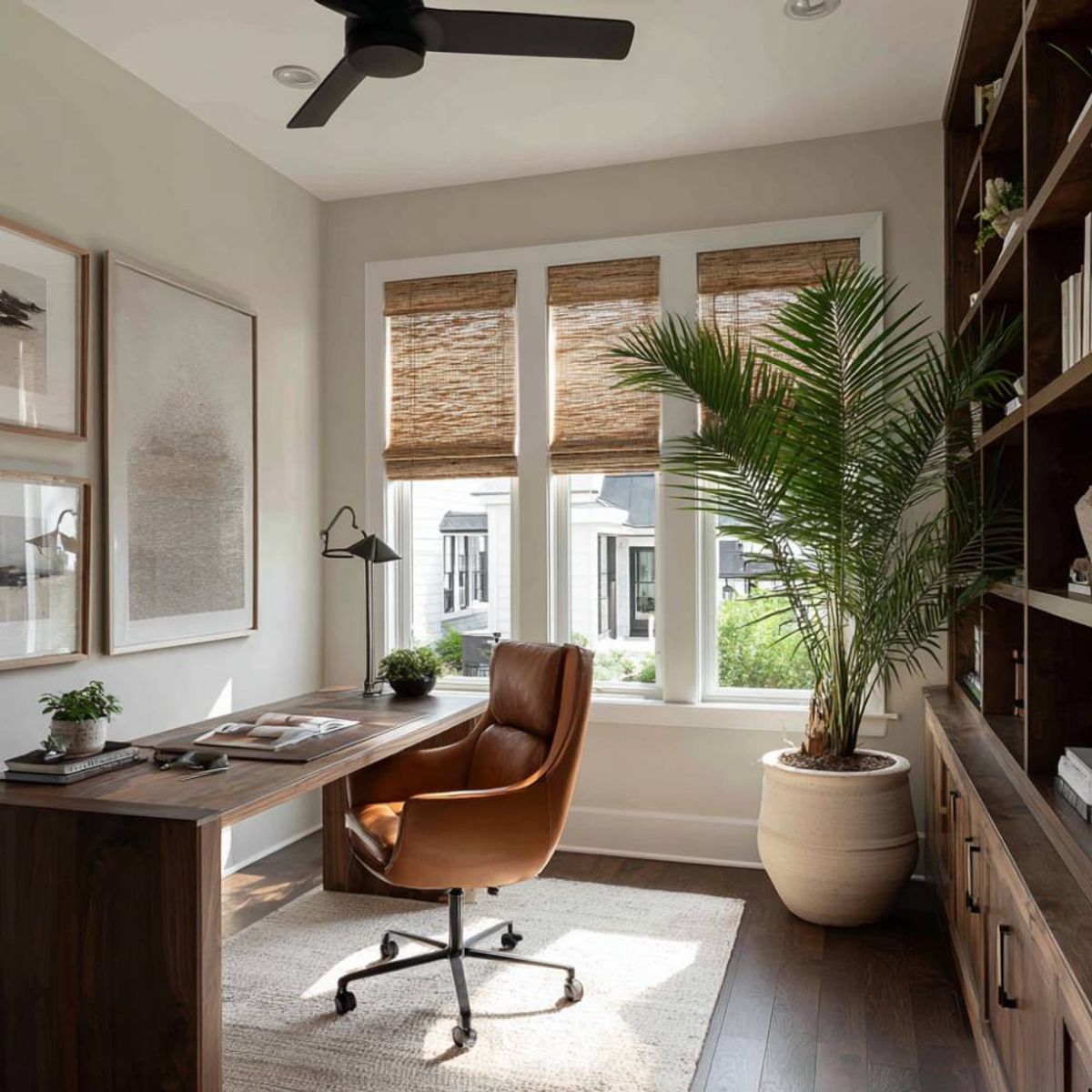 Teak Contemporary Home Office Design with Solid Wood Desk and Built-In ...