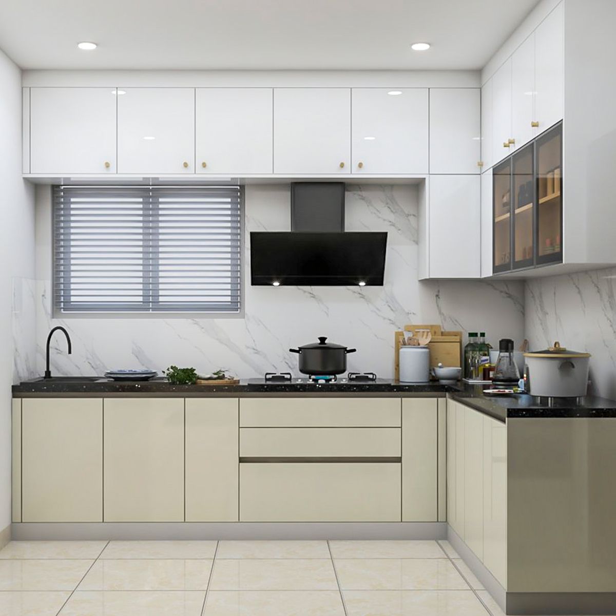Contemporary White and Cream L-Shaped Kitchen Design with Glossy ...