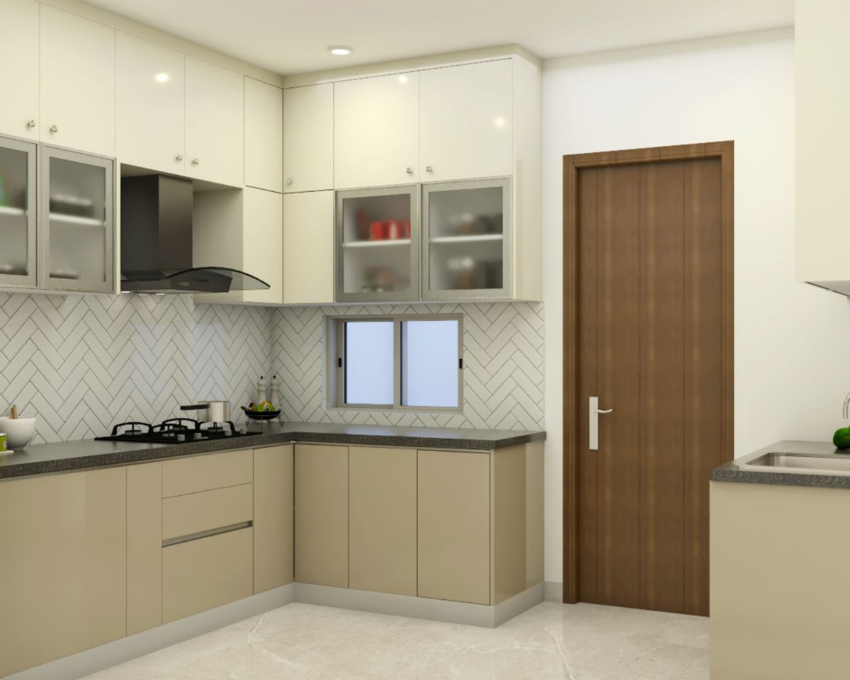L-Shaped Contemporary Kitchen Design with Herringbone Backsplash | Livspace