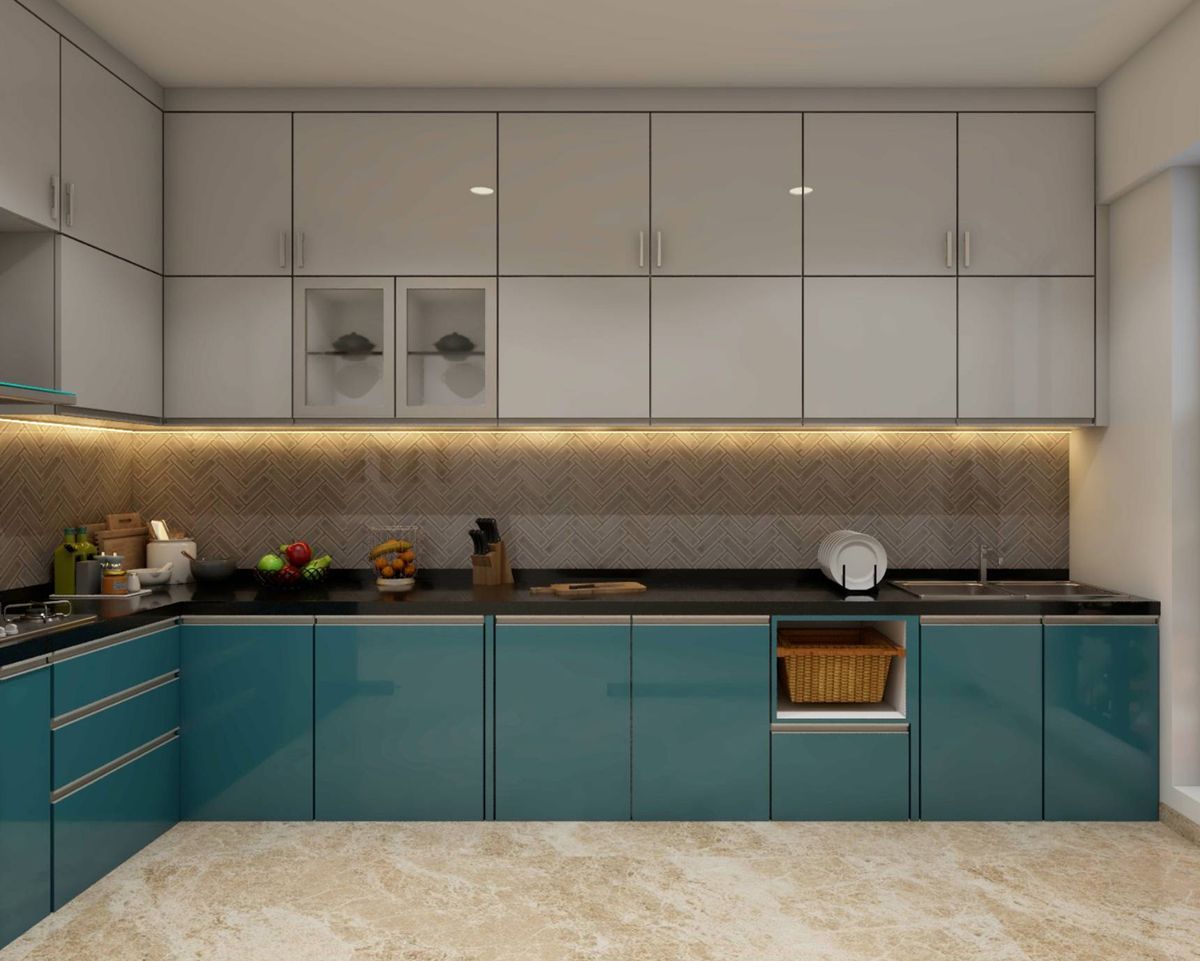 Contemporary Teal Base L-Shaped Kitchen Design with Glass Cabinets ...