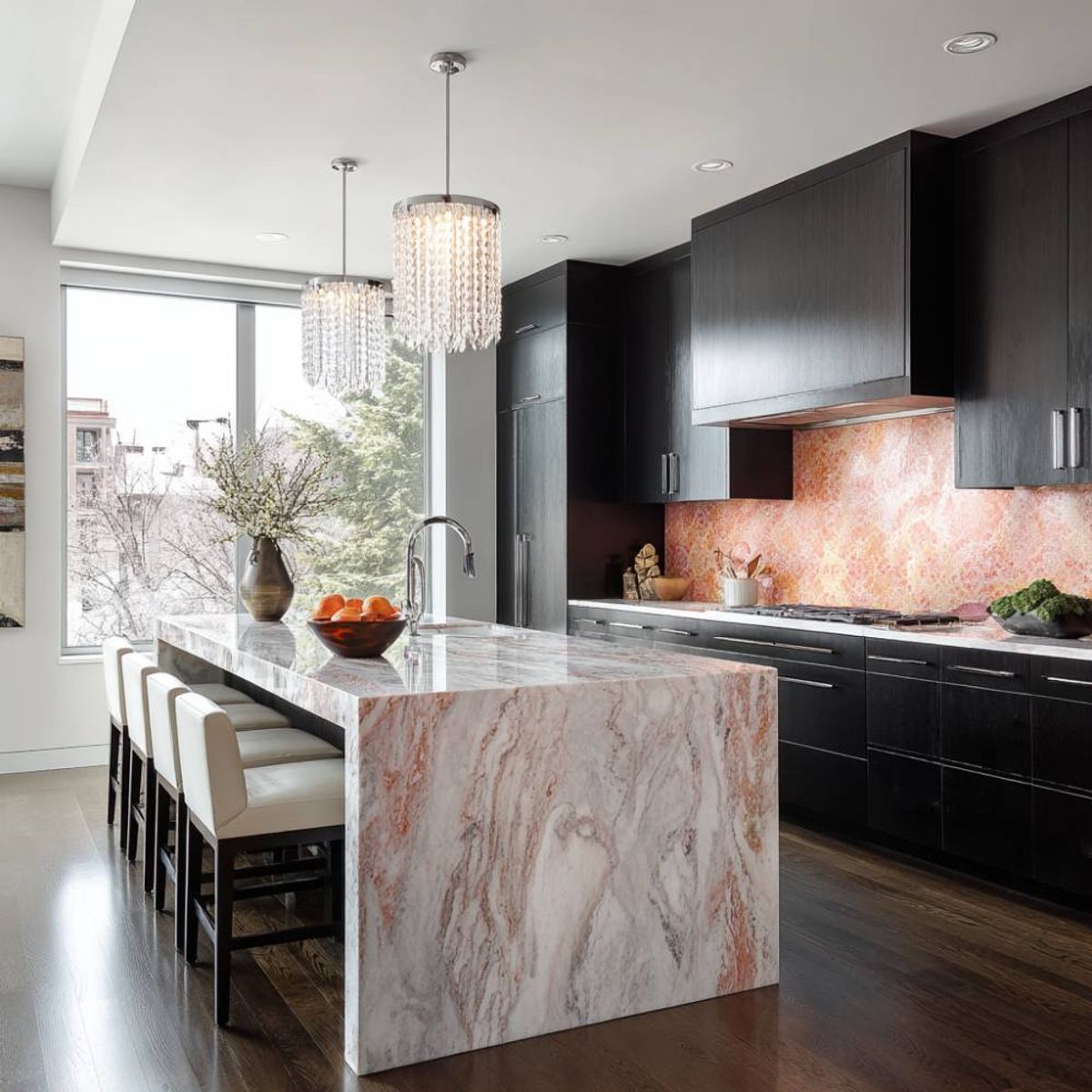 Contemporary Oak Island Kitchen Design with Quartz Countertop and Suede ...