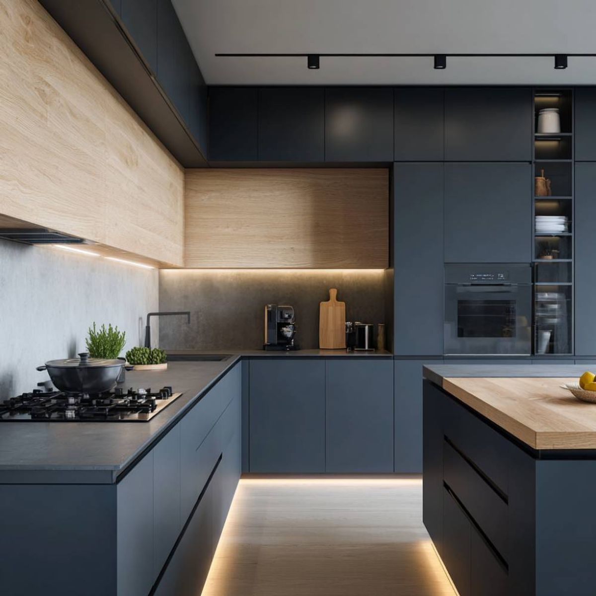 Modern Island Kitchen Design with Blue-Grey Cabinets and Quartz ...