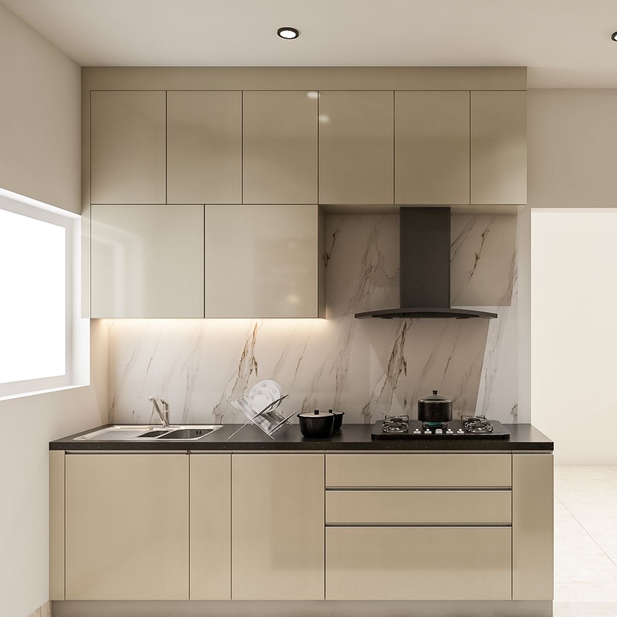 Cream Modern Open Kitchen Design with Tall Pantry Cabinets and Marble ...