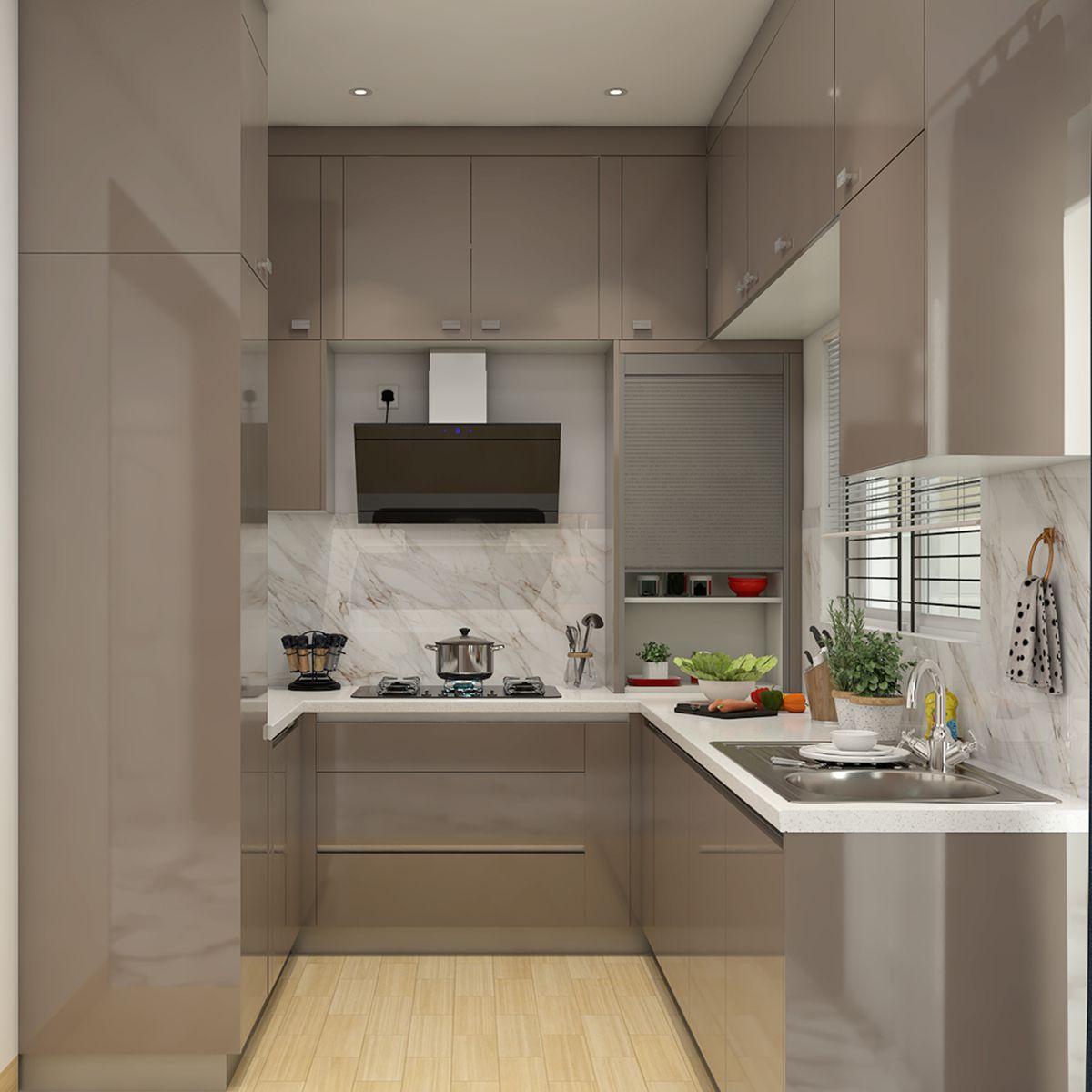U-Shaped Modern Kitchen Design with Quartz Countertop and Glossy ...