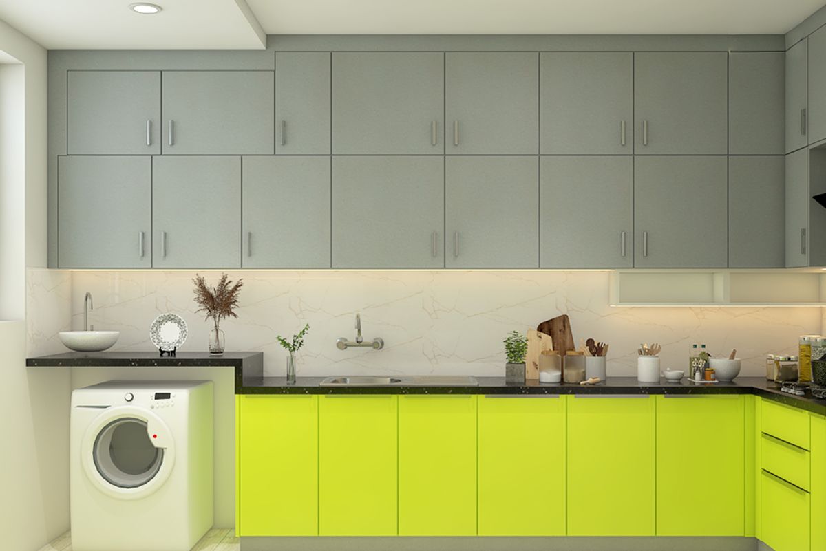 L-Shaped Contemporary Kitchen Design with Lime Green and Grey Cabinets ...