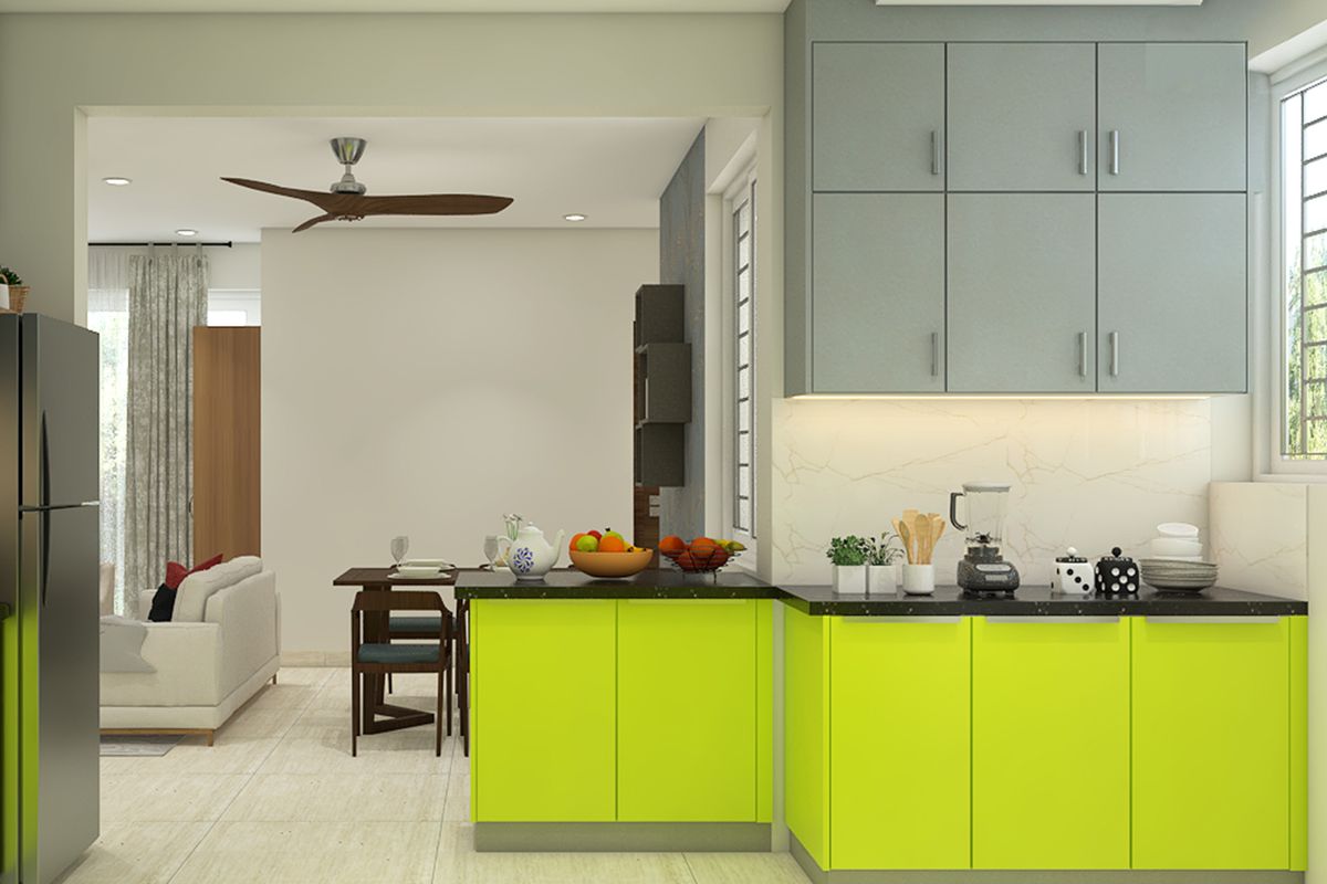L-Shaped Contemporary Kitchen Design with Lime Green and Grey Cabinets ...