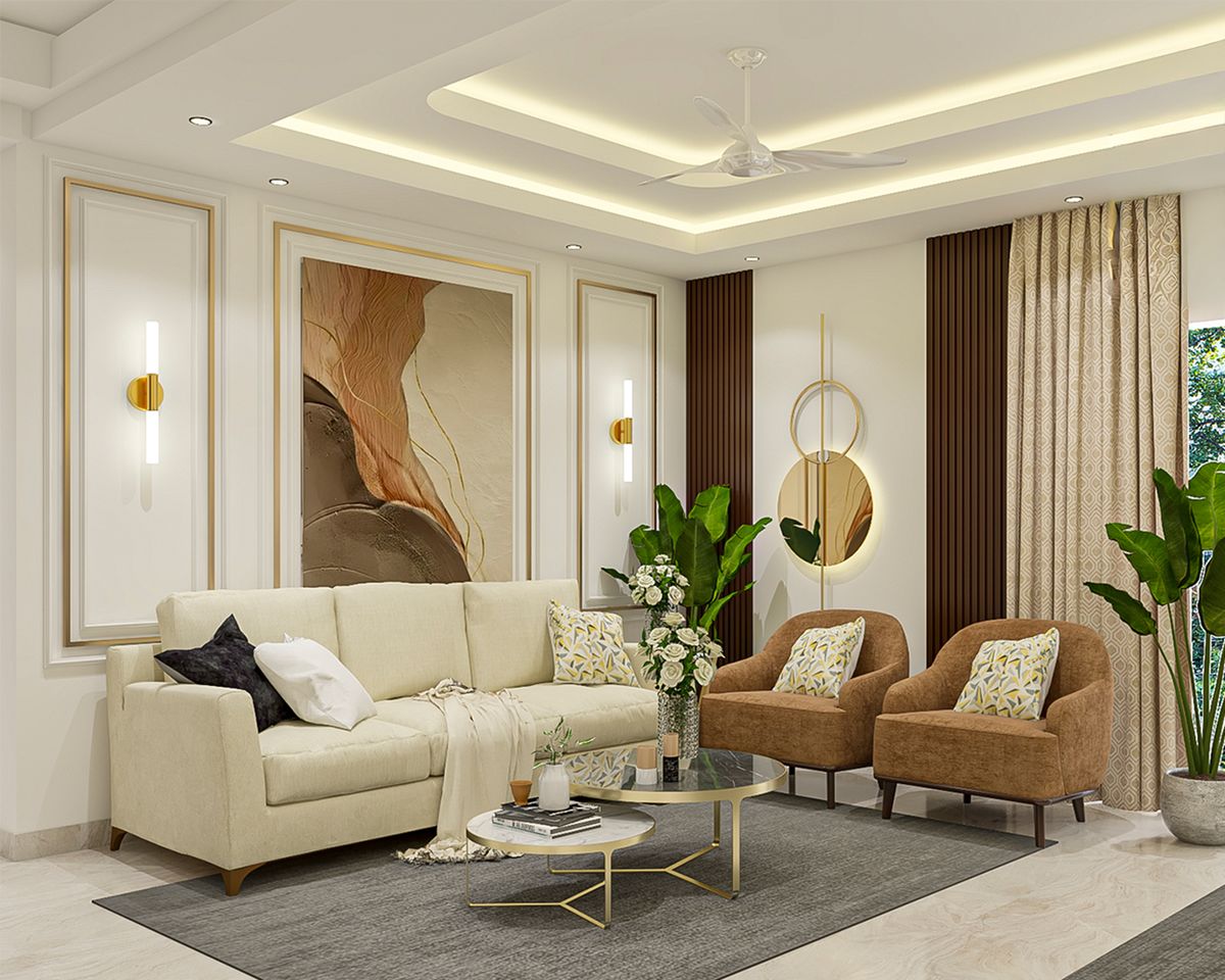 Living Room Design with Modern 3-Seater Sofa, Lounge Chairs and Marble ...