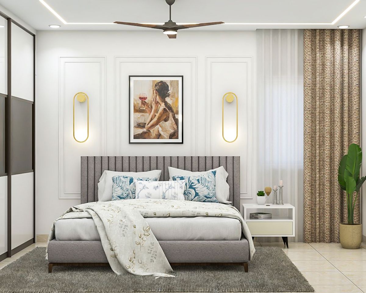 Contemporary Master Bedroom Design With Grey Bed and Panel Moulding ...