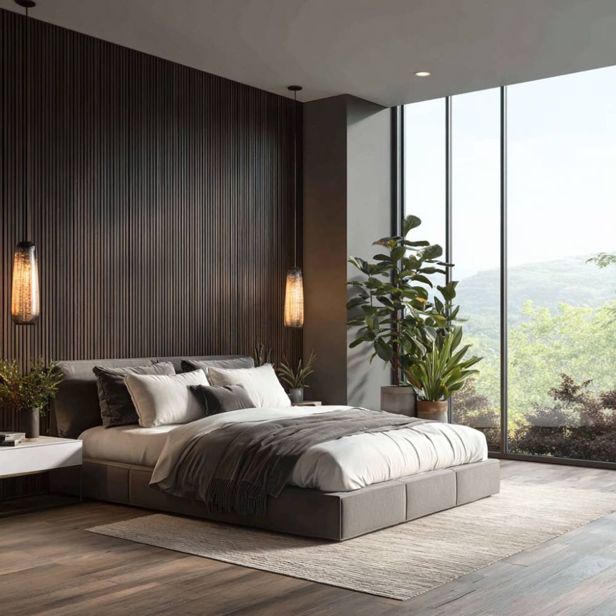 Rustic Master Bedroom Design With Textured Wood Paneling and King Bed ...