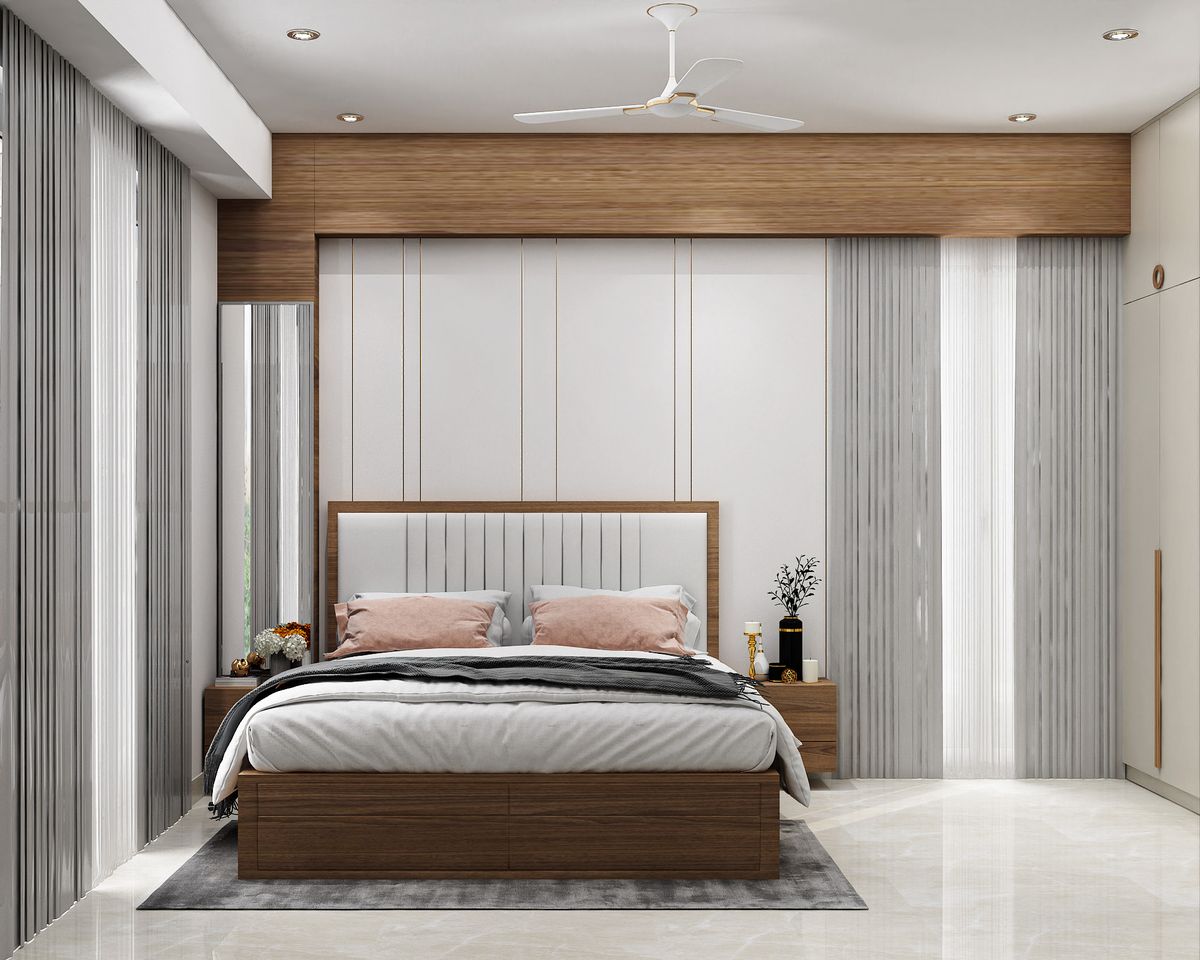 Minimal Master Bedroom Design with Fluted White Panels and Underbed ...